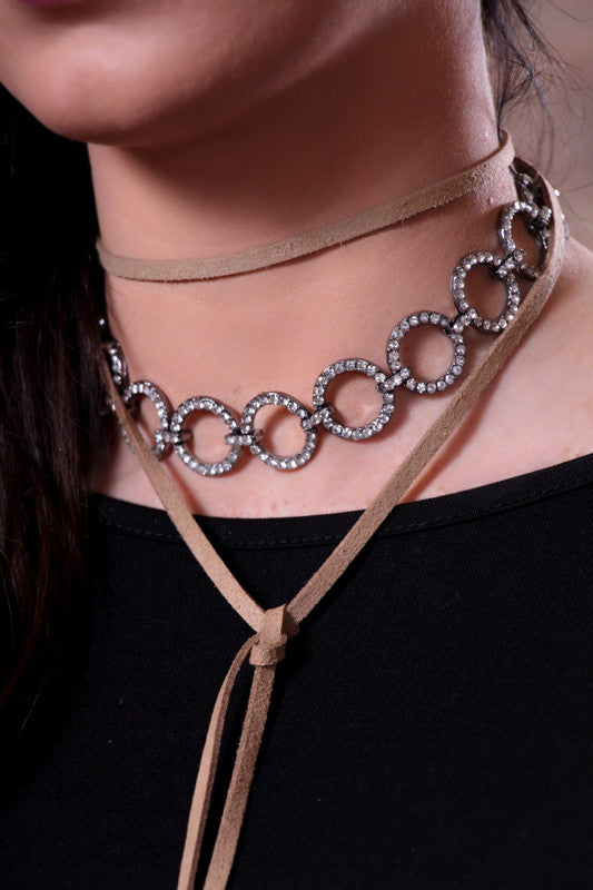 Brown Leather Rope Crystal Double Choker