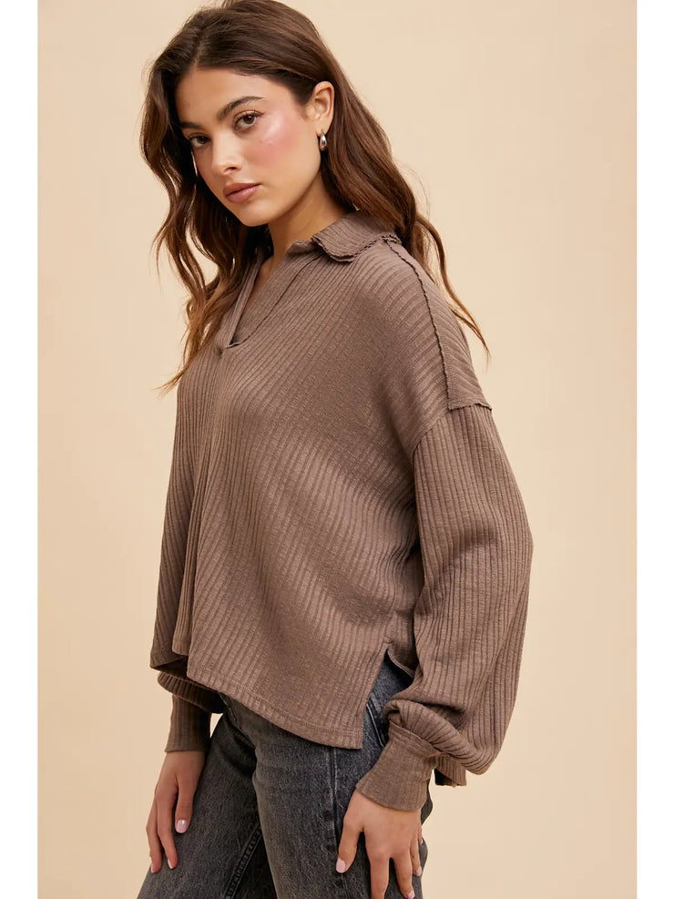 Mocha Quarter Split Ribbed Blouse