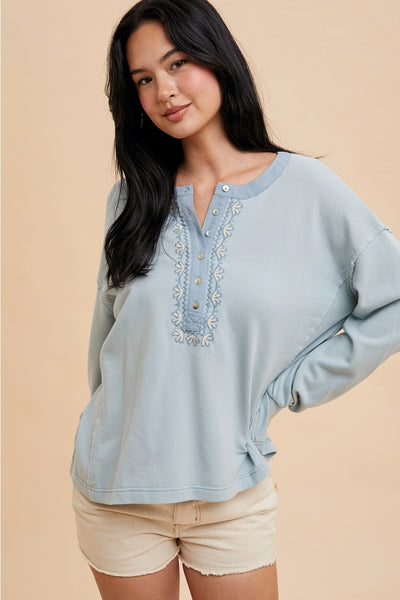 Dusty Blue Embroidered Henley