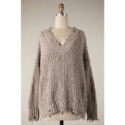 V-Neck Distressed Mocha Sweater