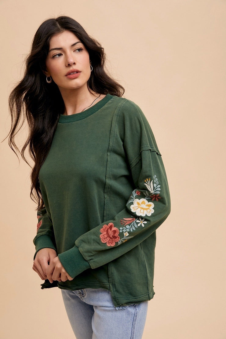 Embroidered Hunter Green Floral Blouse