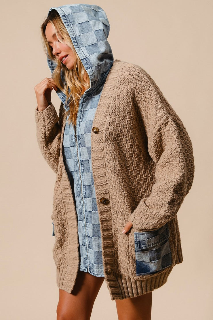 Denim Checkered Cardi Mixed Sweater