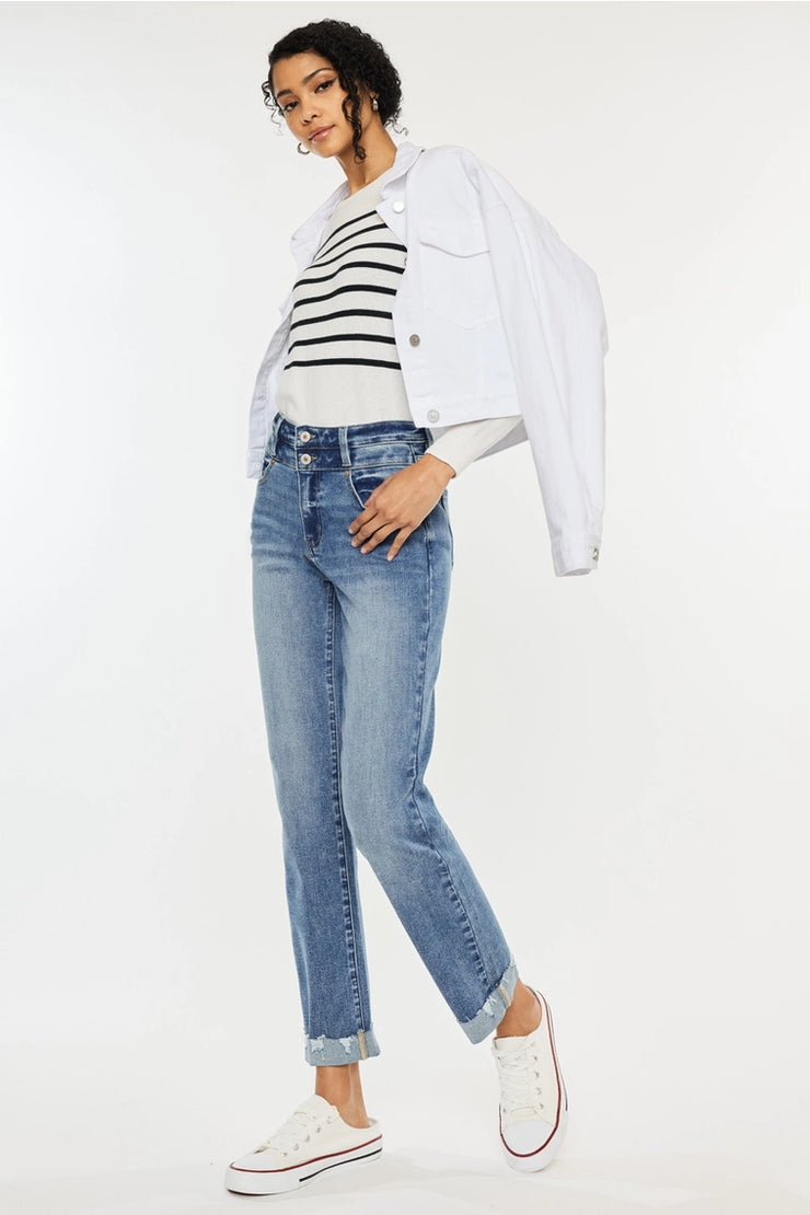 High Rise Double Button Slim Straight Leg