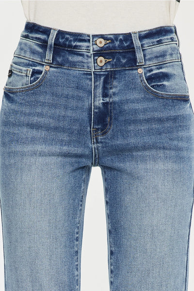 High Rise Double Button Slim Straight Leg