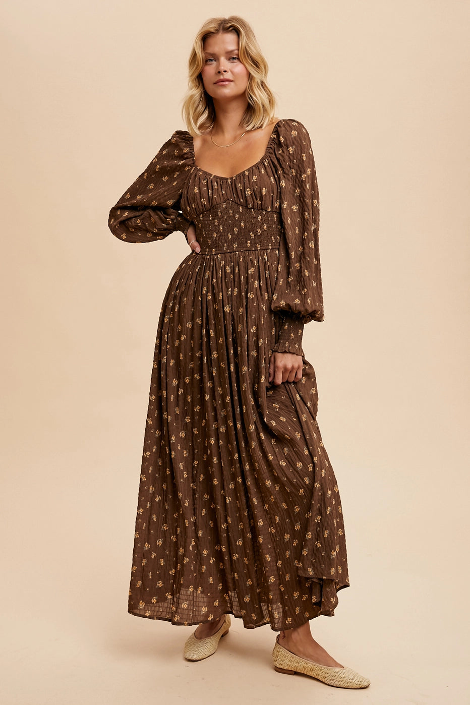 brown floral long sleeve maxi dress Brown Floral Drape Sleeve Maxi Dress