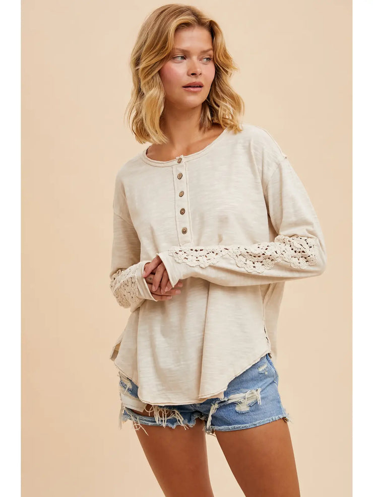 Oatmeal Crochet Sleeve Henley