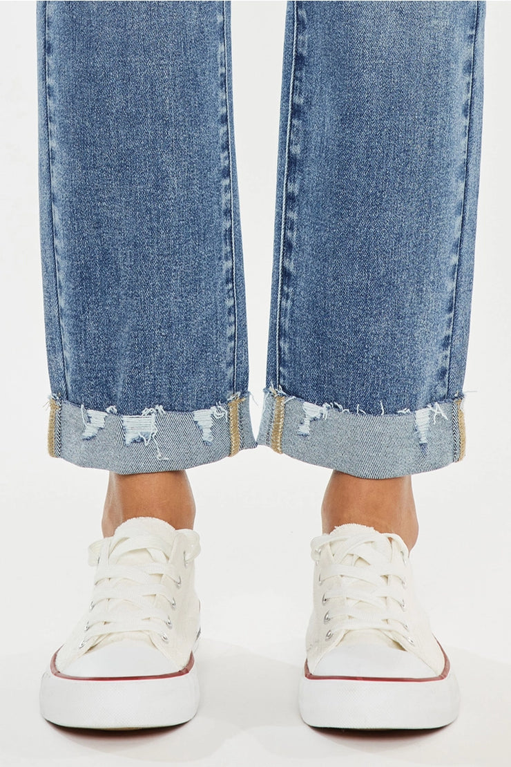 High Rise Double Button Slim Straight Leg
