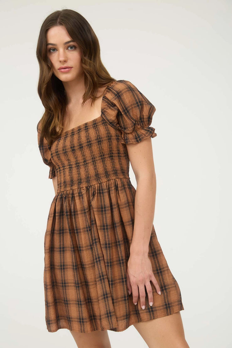 Lucy Chocolate Puff Sleeve Plaid Dress