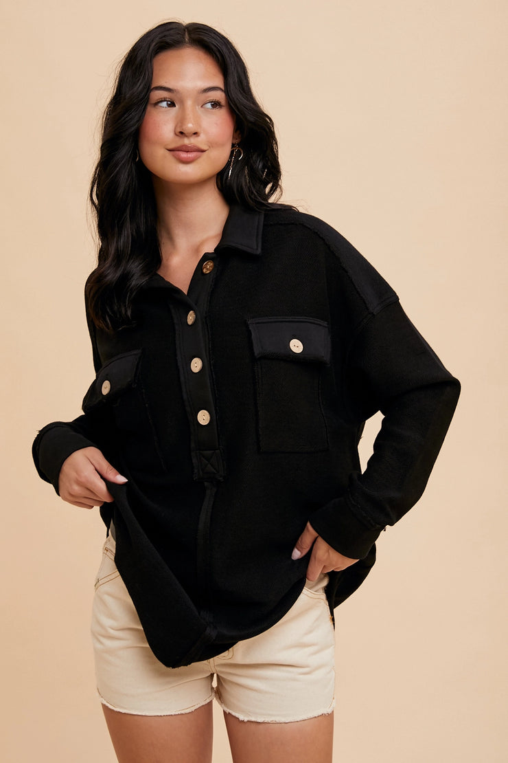 Collar Button Down Black Sweatshirt