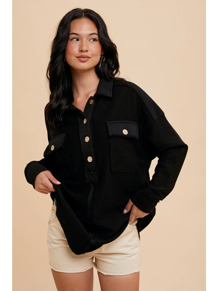 Collar Button Down Black Sweatshirt