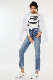 High Rise Double Button Slim Straight Leg