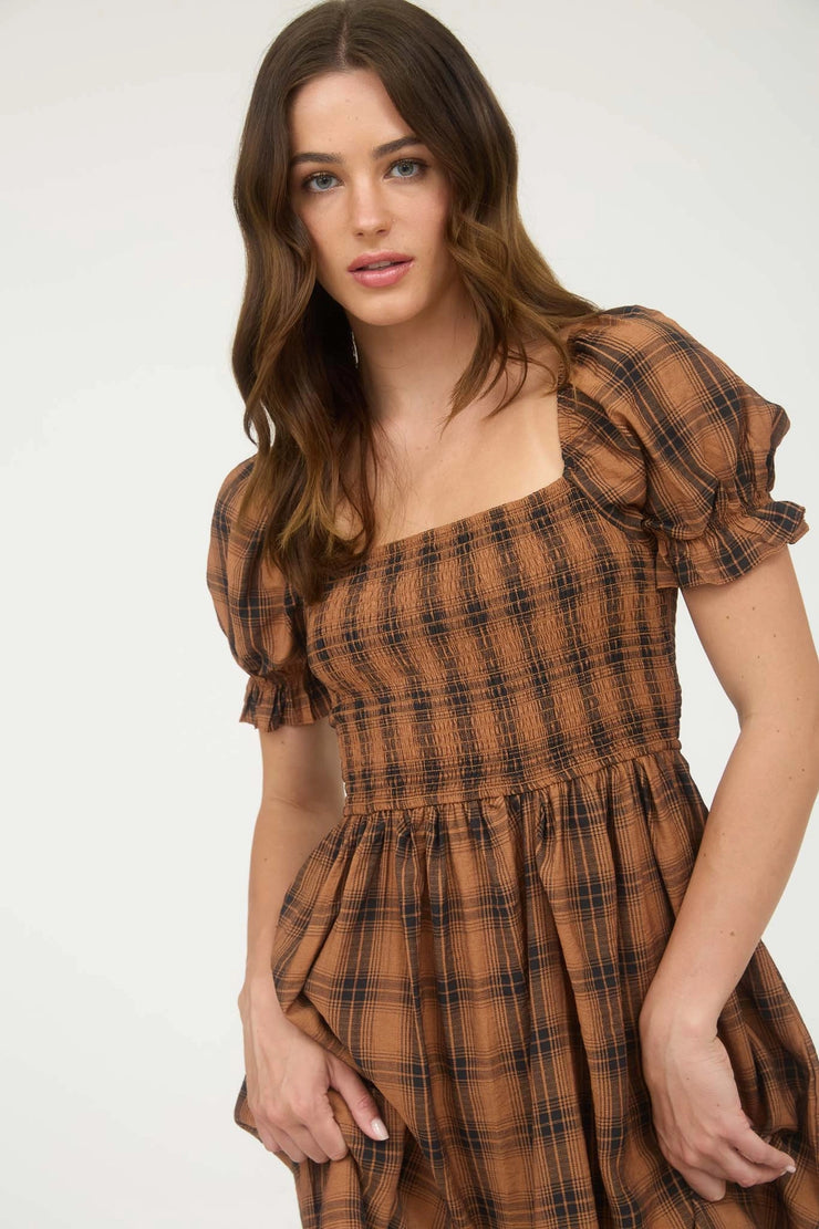 Lucy Chocolate Puff Sleeve Plaid Dress
