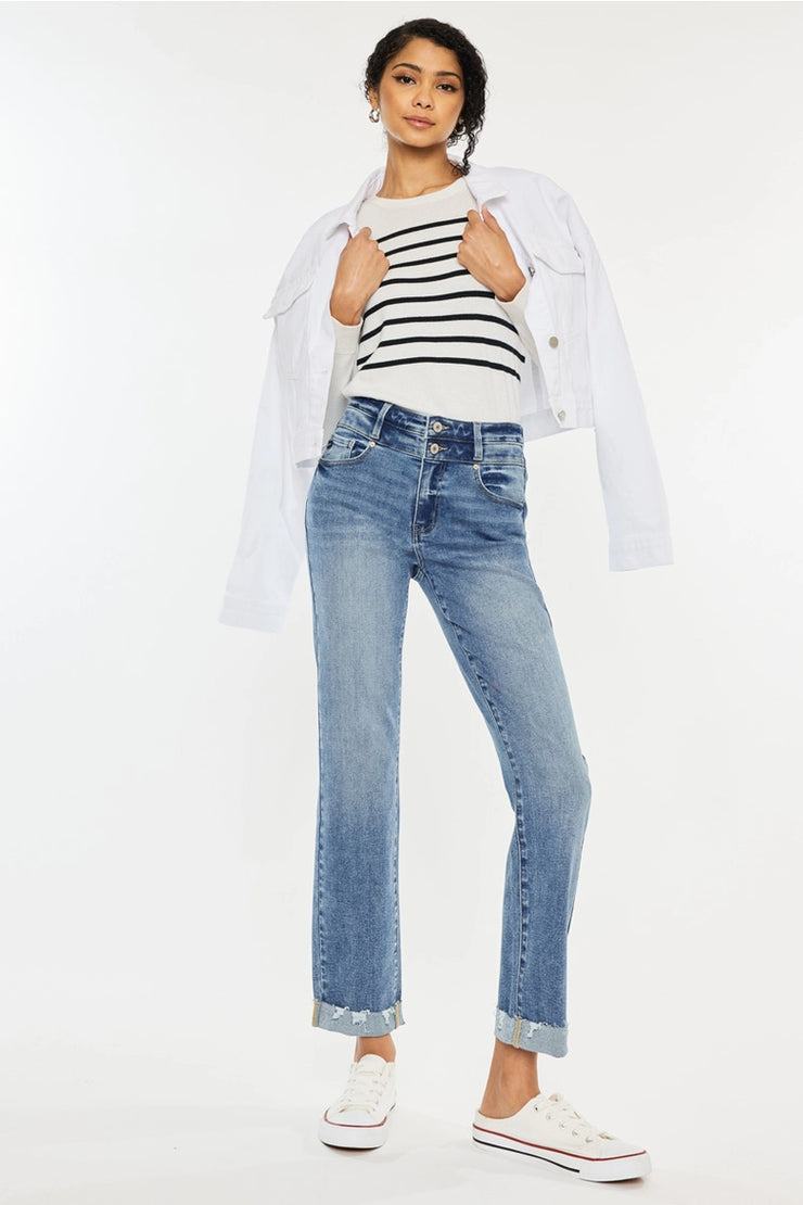 High Rise Double Button Slim Straight Leg