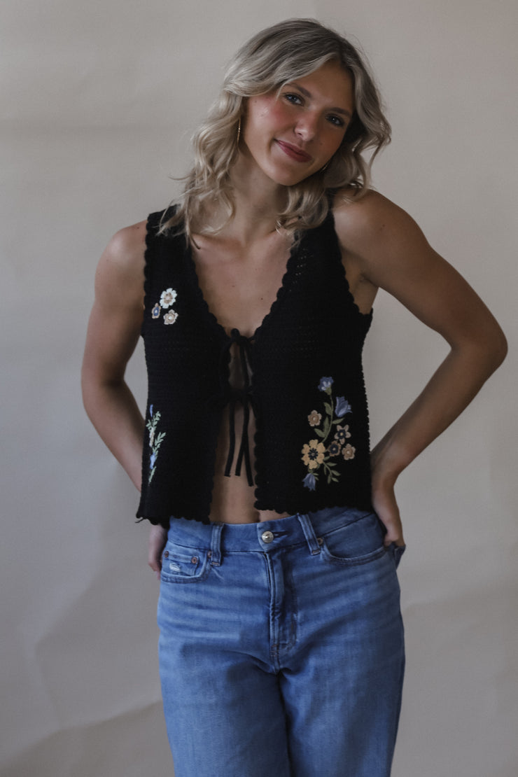 Black Crochet Floral Vest