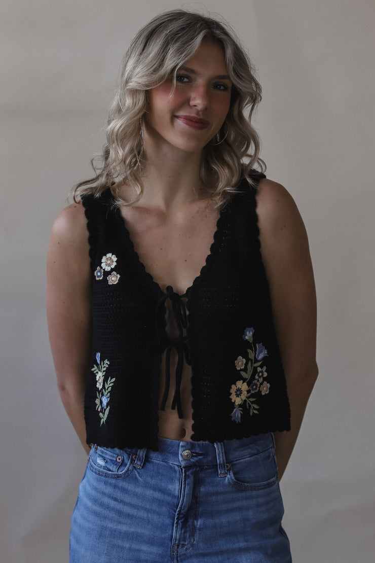 Black Crochet Floral Vest