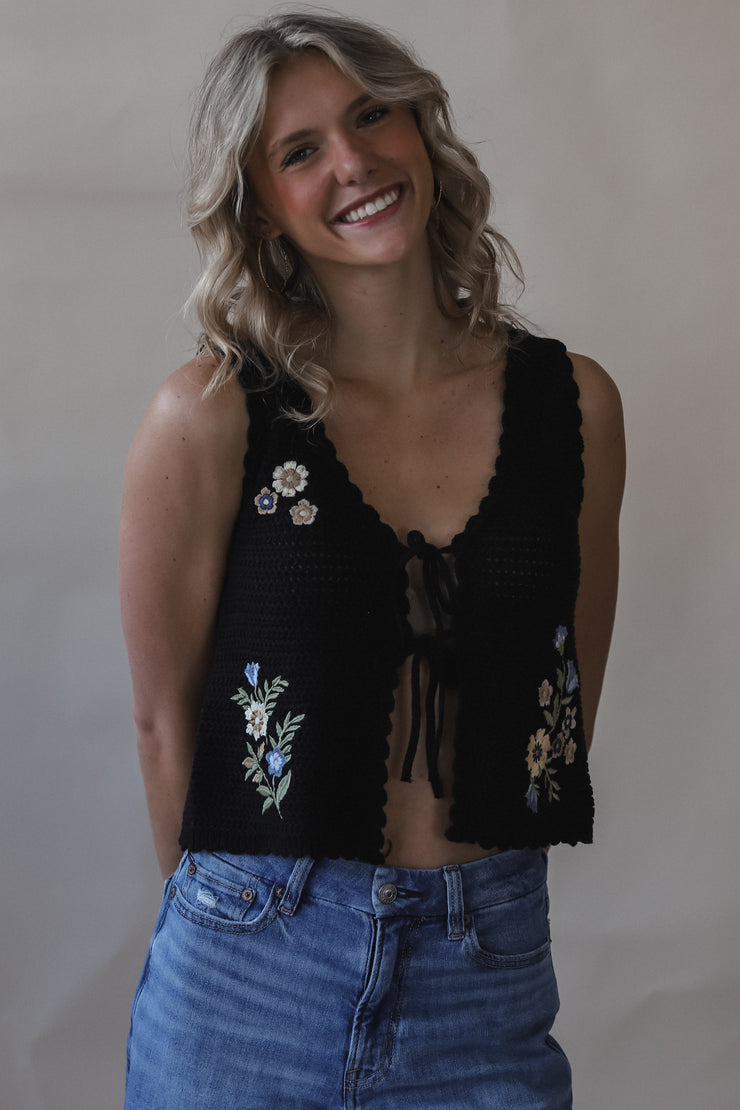 Black Crochet Floral Vest