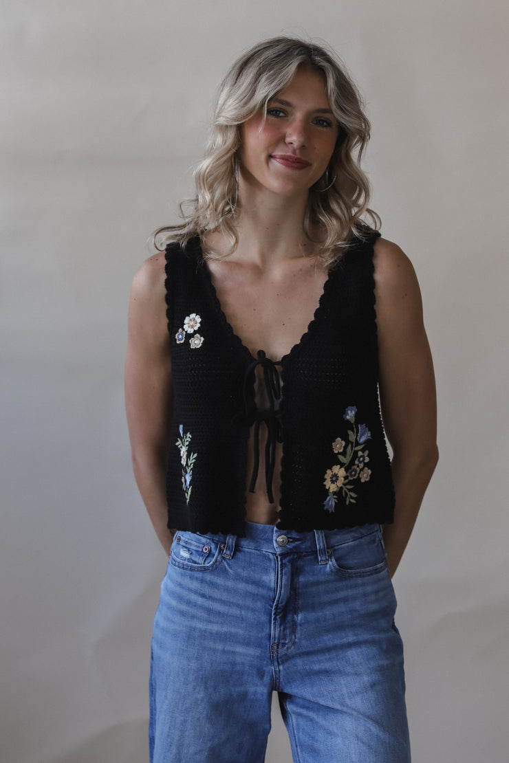 Black Crochet Floral Vest