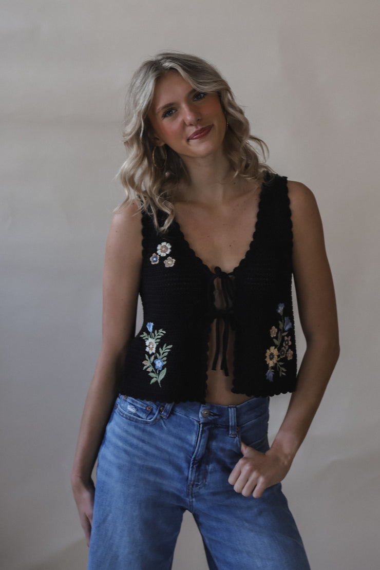 Black Crochet Floral Vest