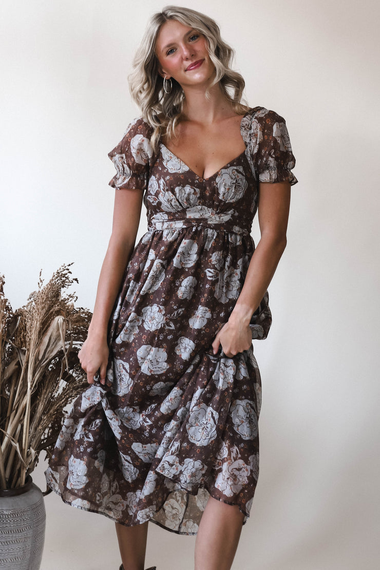 Romantic Autumn Floral Midi Dress