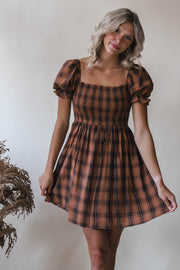 Lucy Chocolate Puff Sleeve Plaid Dress