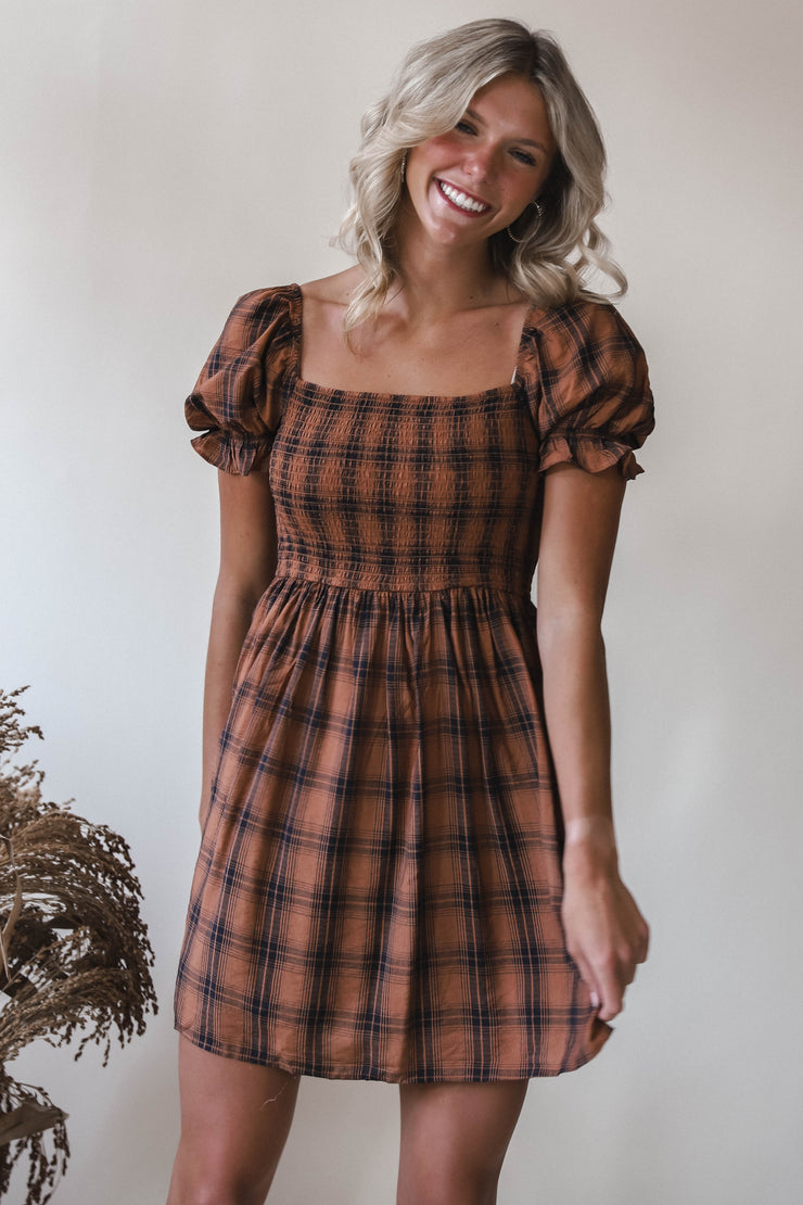 Lucy Chocolate Puff Sleeve Plaid Dress