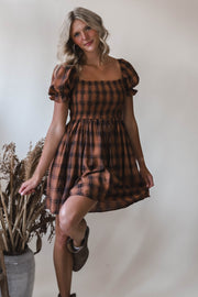 Lucy Chocolate Puff Sleeve Plaid Dress
