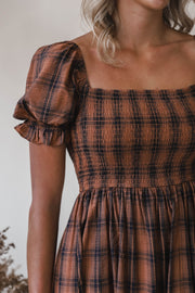 Lucy Chocolate Puff Sleeve Plaid Dress