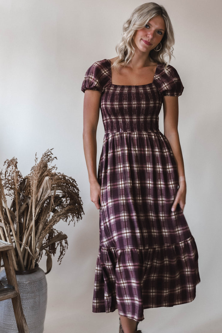 Jay Burgundy Plaid Midi Dress