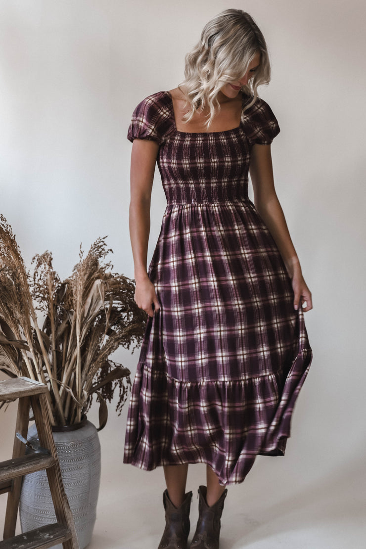 Jay Burgundy Plaid Midi Dress