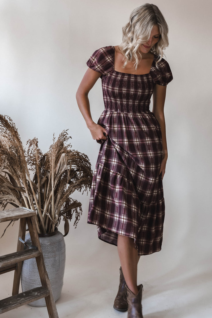 Jay Burgundy Plaid Midi Dress