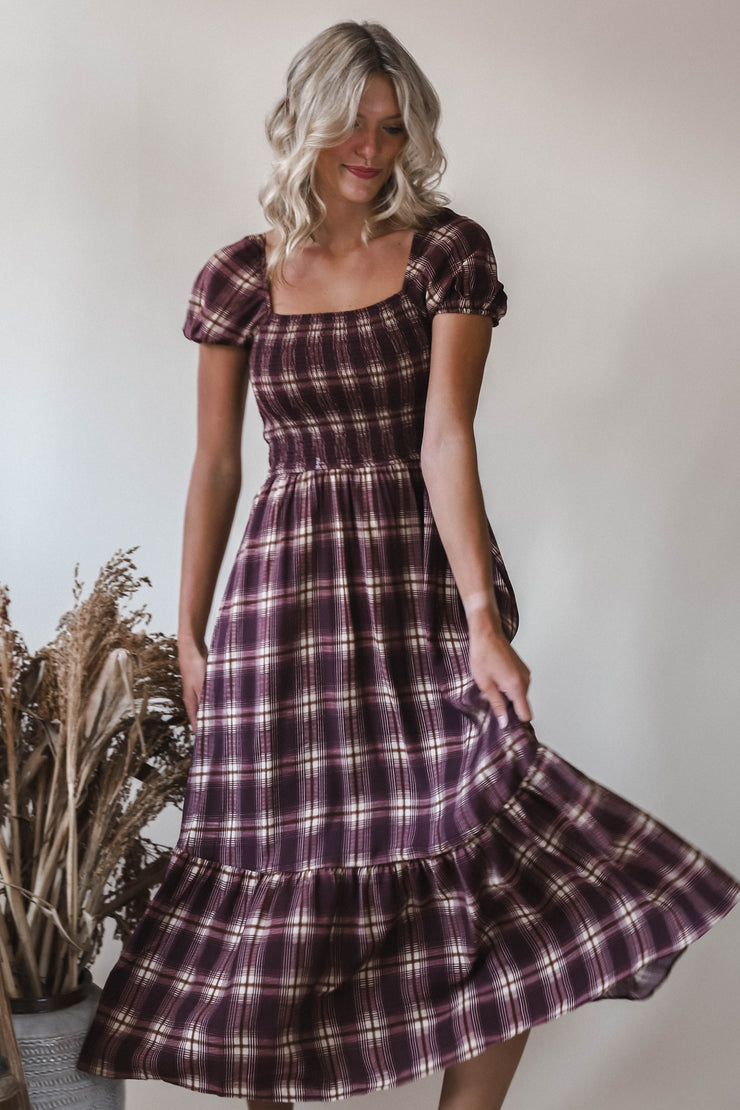 Jay Burgundy Plaid Midi Dress