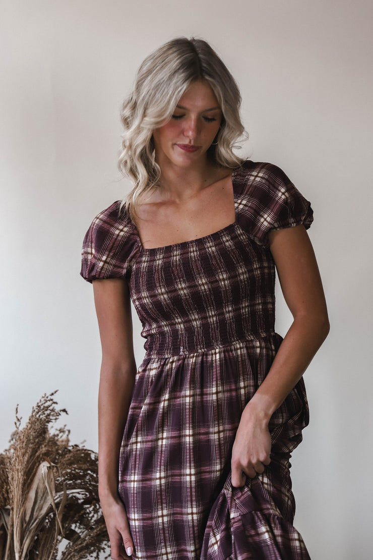 Jay Burgundy Plaid Midi Dress