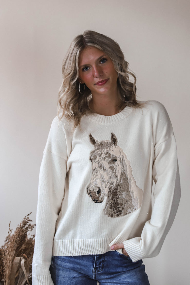 Embroidered Horse Crew Neck Sweater