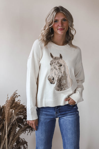 Embroidered Horse Crew Neck Sweater