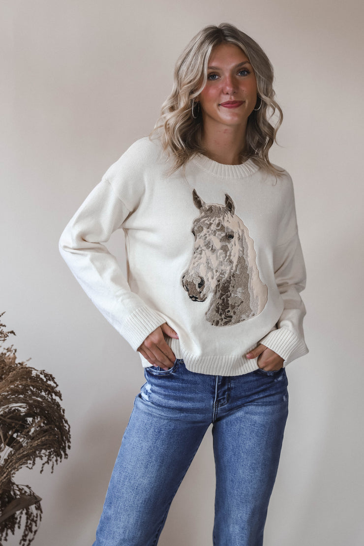 Embroidered Horse Crew Neck Sweater