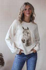Embroidered Horse Crew Neck Sweater