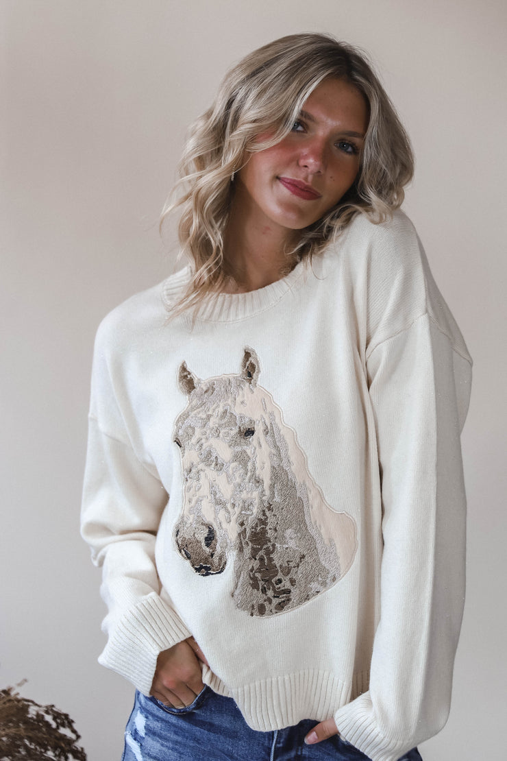 Embroidered Horse Crew Neck Sweater