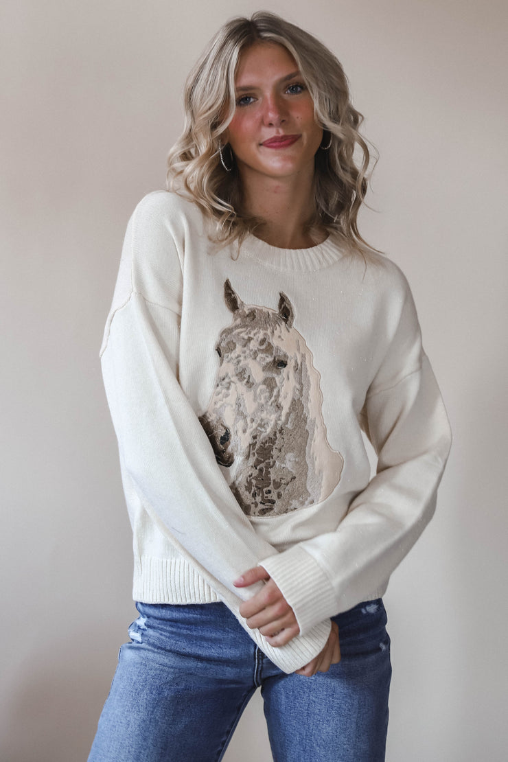 Embroidered Horse Crew Neck Sweater