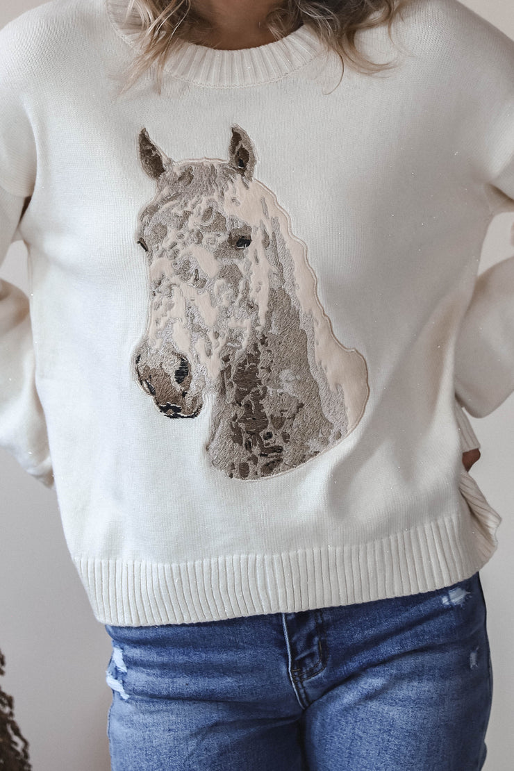Embroidered Horse Crew Neck Sweater
