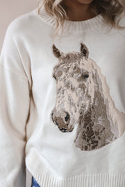 Embroidered Horse Crew Neck Sweater