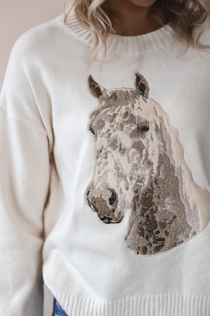Embroidered Horse Crew Neck Sweater
