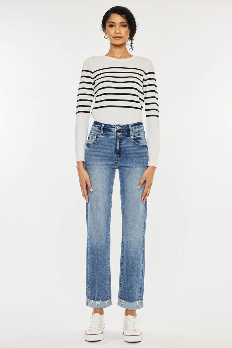 High Rise Double Button Slim Straight Leg