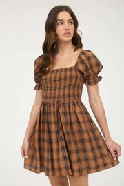 Lucy Chocolate Puff Sleeve Plaid Dress