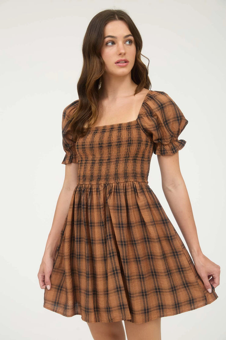 Lucy Chocolate Puff Sleeve Plaid Dress