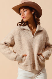 Oatmeal Zipper Fuzzy Sweatshirt