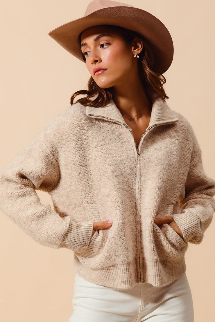 Oatmeal Zipper Fuzzy Sweatshirt