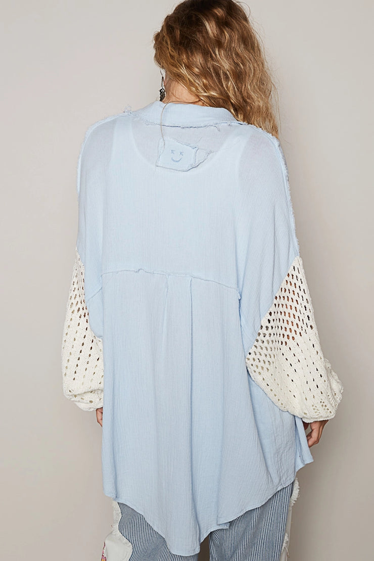 Sutton Baby Blue Crochet Sleeve Buttondown