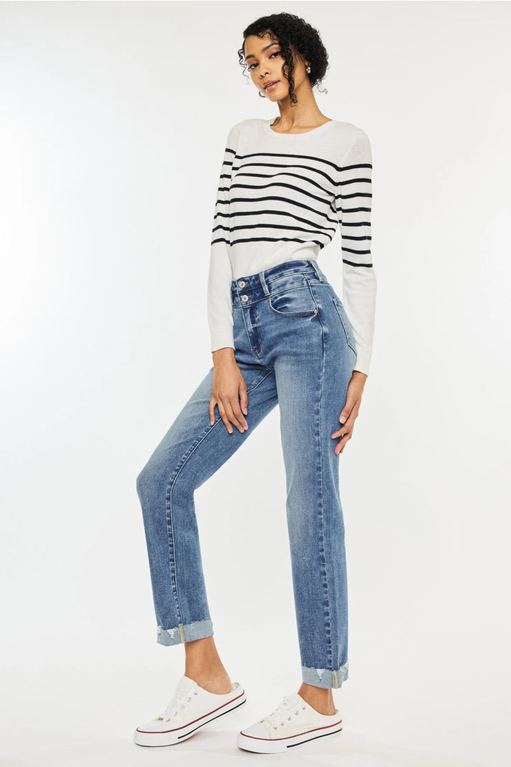 High Rise Double Button Slim Straight Leg