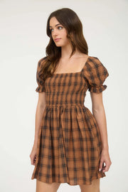 Lucy Chocolate Puff Sleeve Plaid Dress