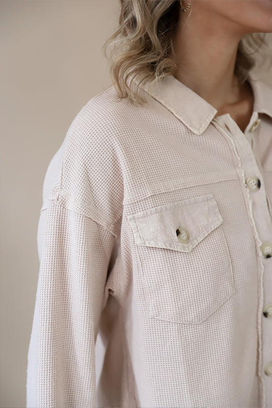 Waffle Cream Cropped Button-down